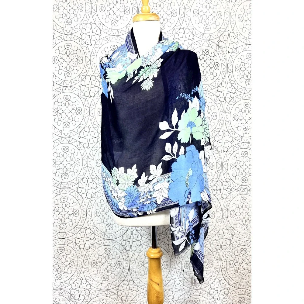 Talbots Womens Black Floral Wrap Scarf Shawl Blue Green Asian Botanical‎ 72x27